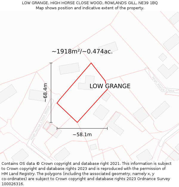 LOW GRANGE, HIGH HORSE CLOSE WOOD, ROWLANDS GILL, NE39 1BQ: Plot and title map