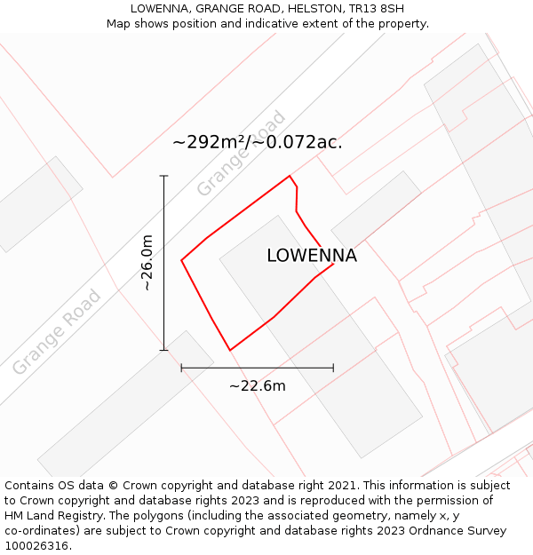 LOWENNA, GRANGE ROAD, HELSTON, TR13 8SH: Plot and title map