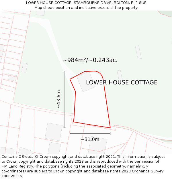 LOWER HOUSE COTTAGE, STAMBOURNE DRIVE, BOLTON, BL1 8UE: Plot and title map