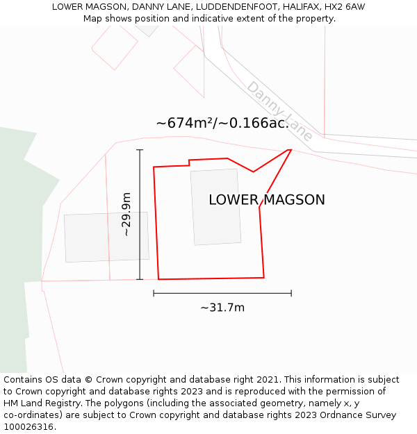LOWER MAGSON, DANNY LANE, LUDDENDENFOOT, HALIFAX, HX2 6AW: Plot and title map