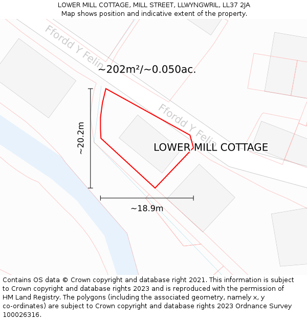 LOWER MILL COTTAGE, MILL STREET, LLWYNGWRIL, LL37 2JA: Plot and title map