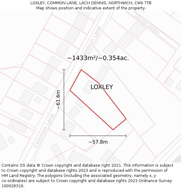 LOXLEY, COMMON LANE, LACH DENNIS, NORTHWICH, CW9 7TB: Plot and title map