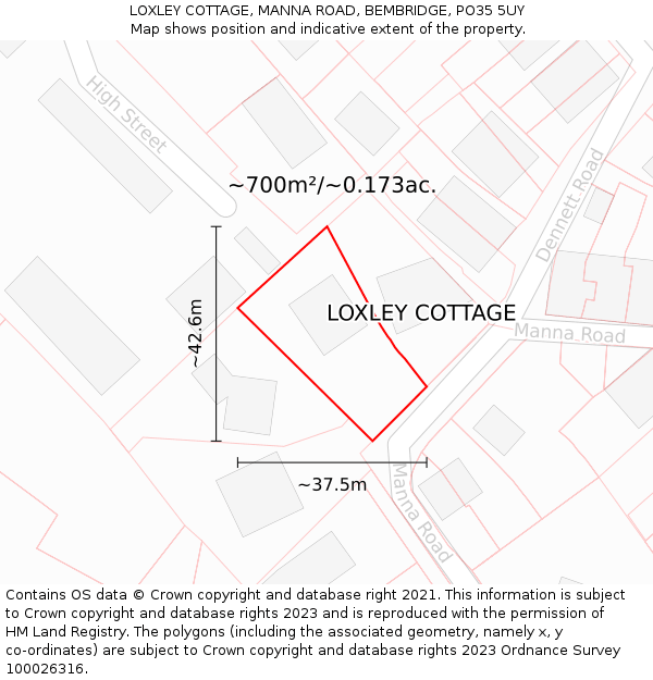LOXLEY COTTAGE, MANNA ROAD, BEMBRIDGE, PO35 5UY: Plot and title map