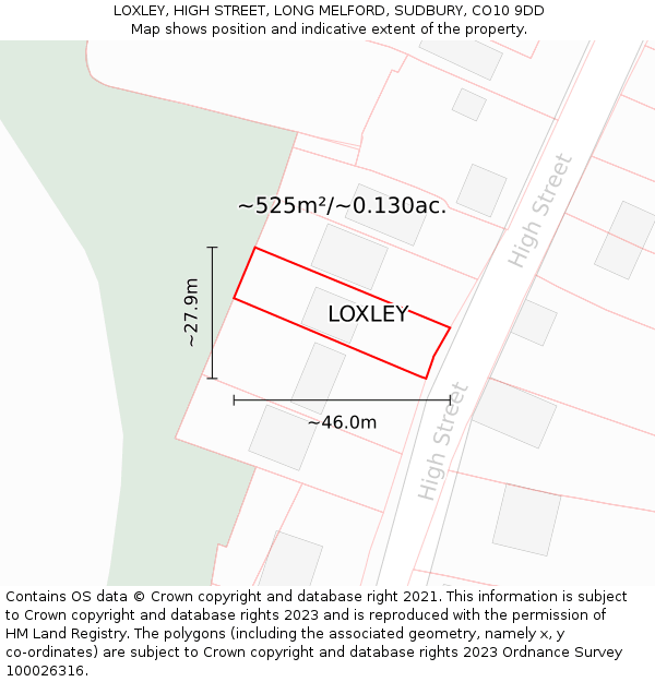 LOXLEY, HIGH STREET, LONG MELFORD, SUDBURY, CO10 9DD: Plot and title map