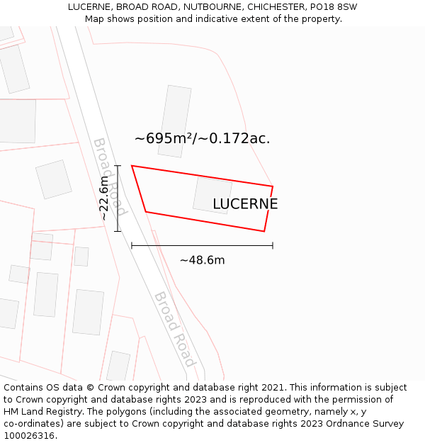 LUCERNE, BROAD ROAD, NUTBOURNE, CHICHESTER, PO18 8SW: Plot and title map