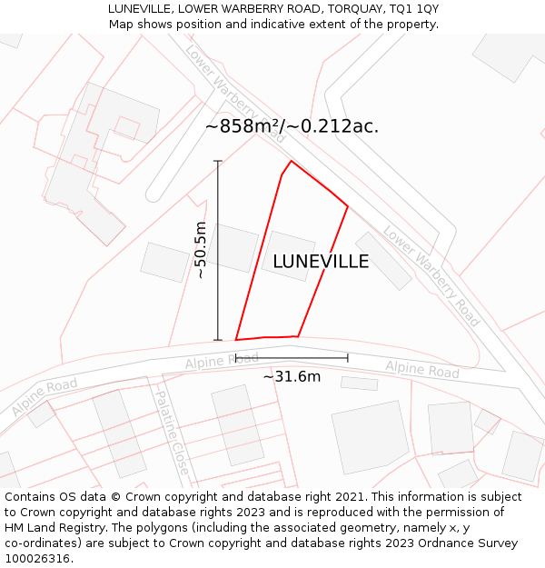 LUNEVILLE, LOWER WARBERRY ROAD, TORQUAY, TQ1 1QY: Plot and title map