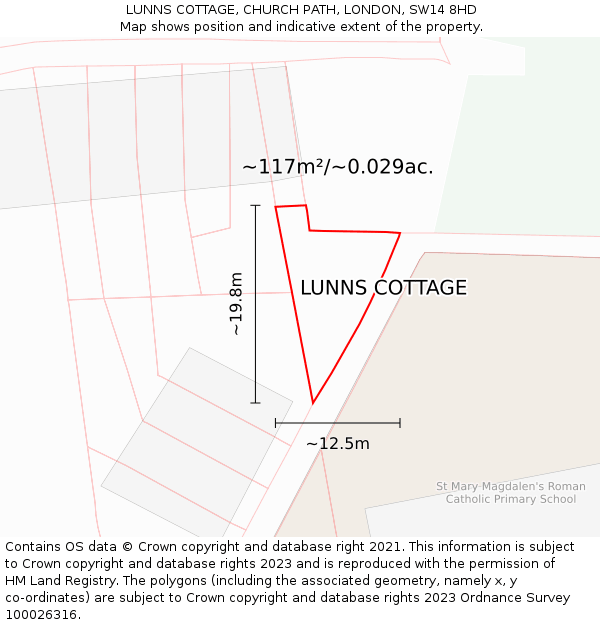 LUNNS COTTAGE, CHURCH PATH, LONDON, SW14 8HD: Plot and title map