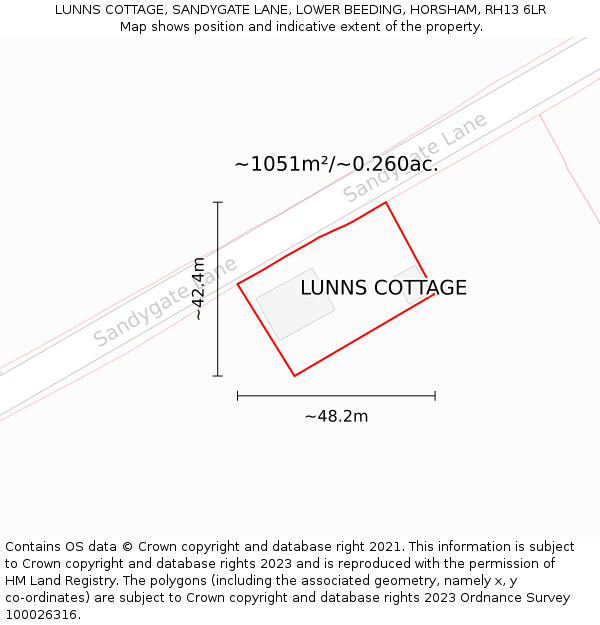 LUNNS COTTAGE, SANDYGATE LANE, LOWER BEEDING, HORSHAM, RH13 6LR: Plot and title map