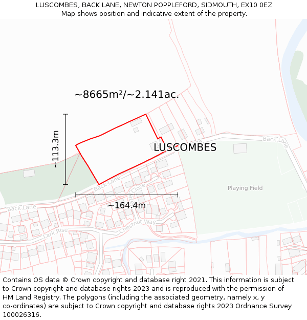 LUSCOMBES, BACK LANE, NEWTON POPPLEFORD, SIDMOUTH, EX10 0EZ: Plot and title map