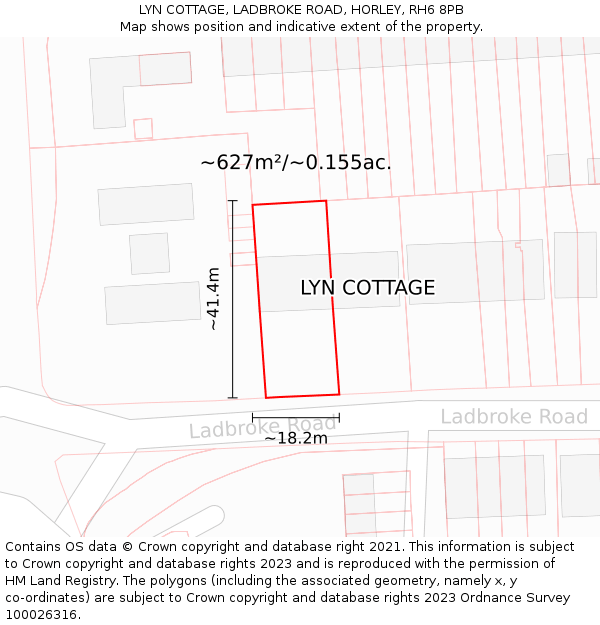 LYN COTTAGE, LADBROKE ROAD, HORLEY, RH6 8PB: Plot and title map