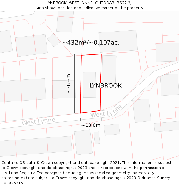 LYNBROOK, WEST LYNNE, CHEDDAR, BS27 3JL: Plot and title map