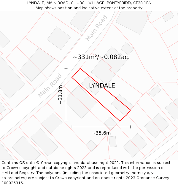 LYNDALE, MAIN ROAD, CHURCH VILLAGE, PONTYPRIDD, CF38 1RN: Plot and title map