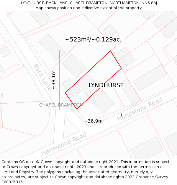 LYNDHURST, BACK LANE, CHAPEL BRAMPTON, NORTHAMPTON, NN6 8AJ: Plot and title map
