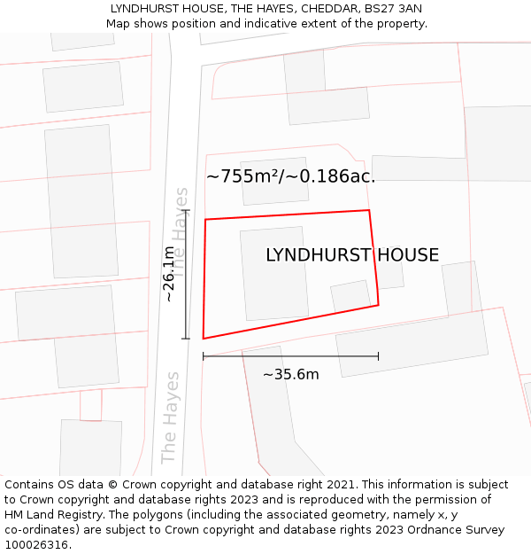 LYNDHURST HOUSE, THE HAYES, CHEDDAR, BS27 3AN: Plot and title map