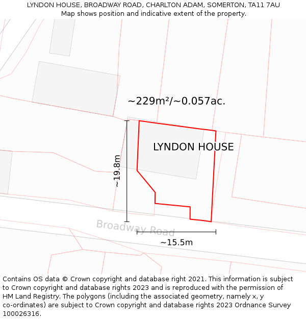 LYNDON HOUSE, BROADWAY ROAD, CHARLTON ADAM, SOMERTON, TA11 7AU: Plot and title map