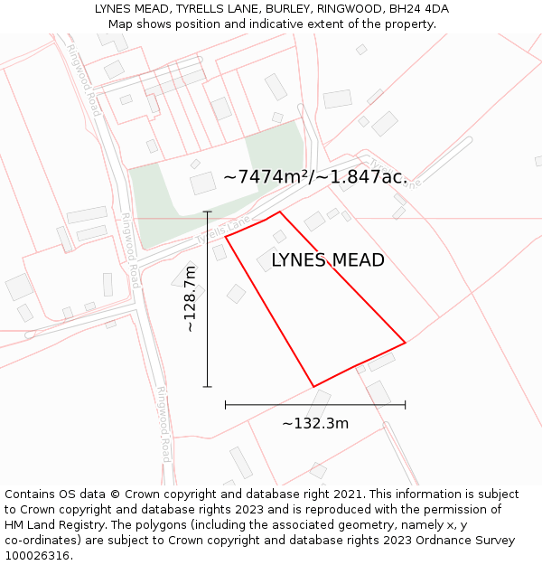 LYNES MEAD, TYRELLS LANE, BURLEY, RINGWOOD, BH24 4DA: Plot and title map