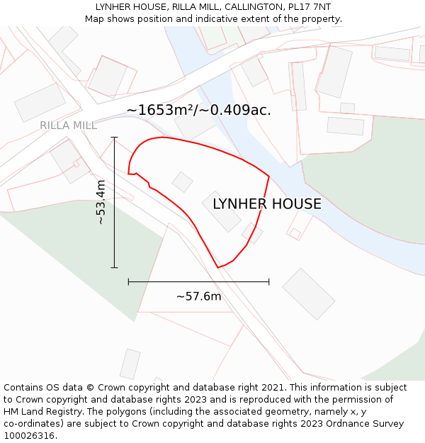 LYNHER HOUSE, RILLA MILL, CALLINGTON, PL17 7NT: Plot and title map