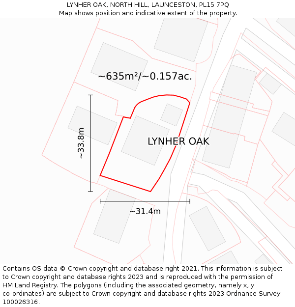 LYNHER OAK, NORTH HILL, LAUNCESTON, PL15 7PQ: Plot and title map