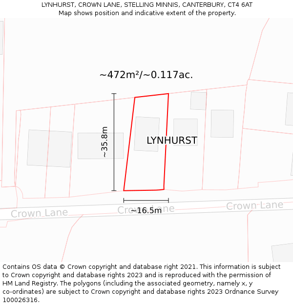 LYNHURST, CROWN LANE, STELLING MINNIS, CANTERBURY, CT4 6AT: Plot and title map