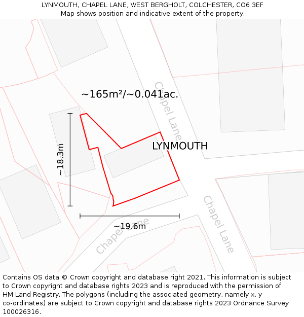 LYNMOUTH, CHAPEL LANE, WEST BERGHOLT, COLCHESTER, CO6 3EF: Plot and title map