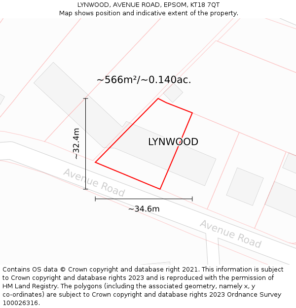 LYNWOOD, AVENUE ROAD, EPSOM, KT18 7QT: Plot and title map