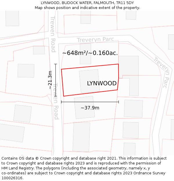 LYNWOOD, BUDOCK WATER, FALMOUTH, TR11 5DY: Plot and title map