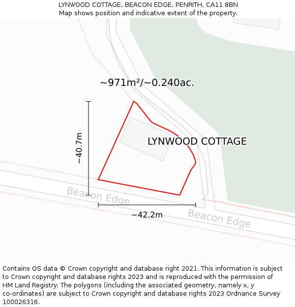 LYNWOOD COTTAGE, BEACON EDGE, PENRITH, CA11 8BN: Plot and title map