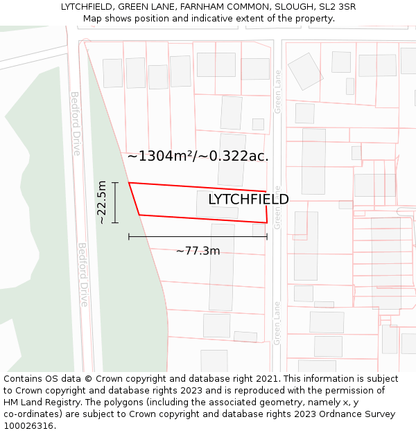 LYTCHFIELD, GREEN LANE, FARNHAM COMMON, SLOUGH, SL2 3SR: Plot and title map