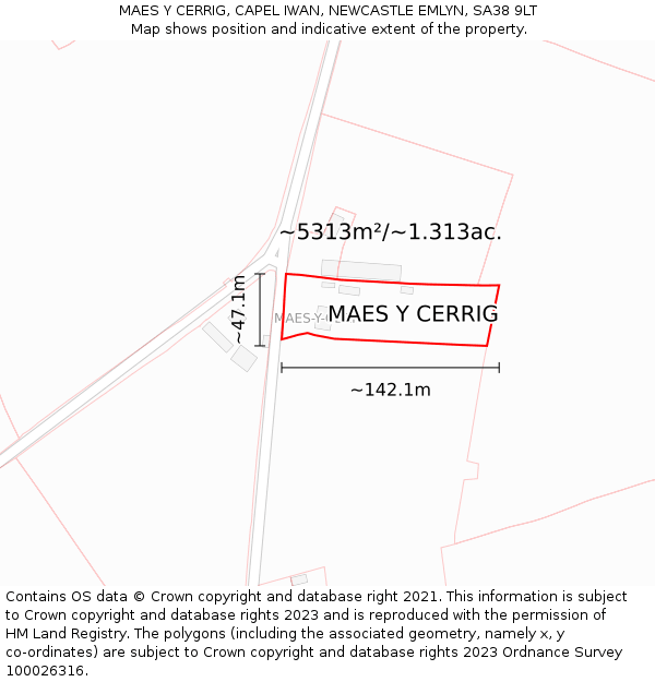 MAES Y CERRIG, CAPEL IWAN, NEWCASTLE EMLYN, SA38 9LT: Plot and title map