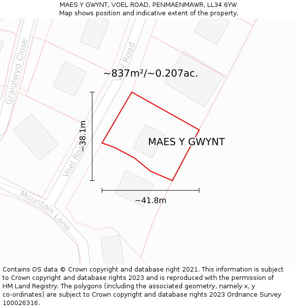 MAES Y GWYNT, VOEL ROAD, PENMAENMAWR, LL34 6YW: Plot and title map