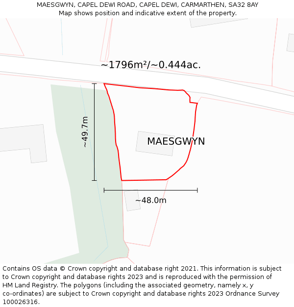 MAESGWYN, CAPEL DEWI ROAD, CAPEL DEWI, CARMARTHEN, SA32 8AY: Plot and title map