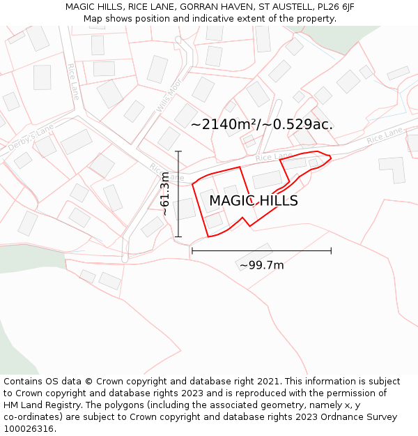 MAGIC HILLS, RICE LANE, GORRAN HAVEN, ST AUSTELL, PL26 6JF: Plot and title map