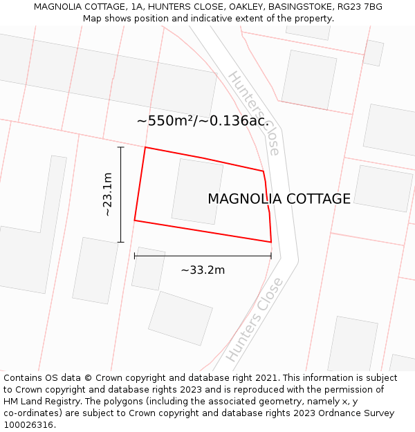 MAGNOLIA COTTAGE, 1A, HUNTERS CLOSE, OAKLEY, BASINGSTOKE, RG23 7BG: Plot and title map