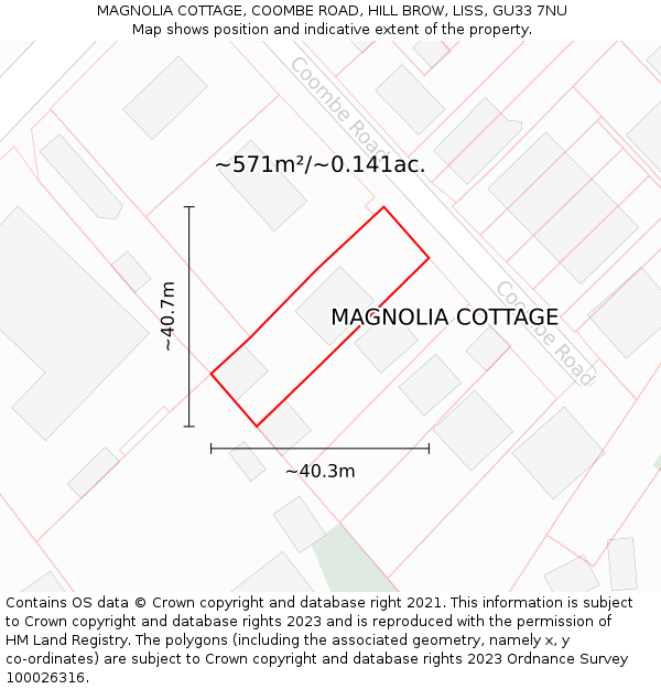 MAGNOLIA COTTAGE, COOMBE ROAD, HILL BROW, LISS, GU33 7NU: Plot and title map