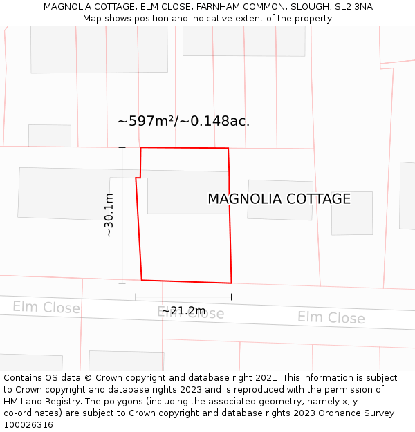 MAGNOLIA COTTAGE, ELM CLOSE, FARNHAM COMMON, SLOUGH, SL2 3NA: Plot and title map