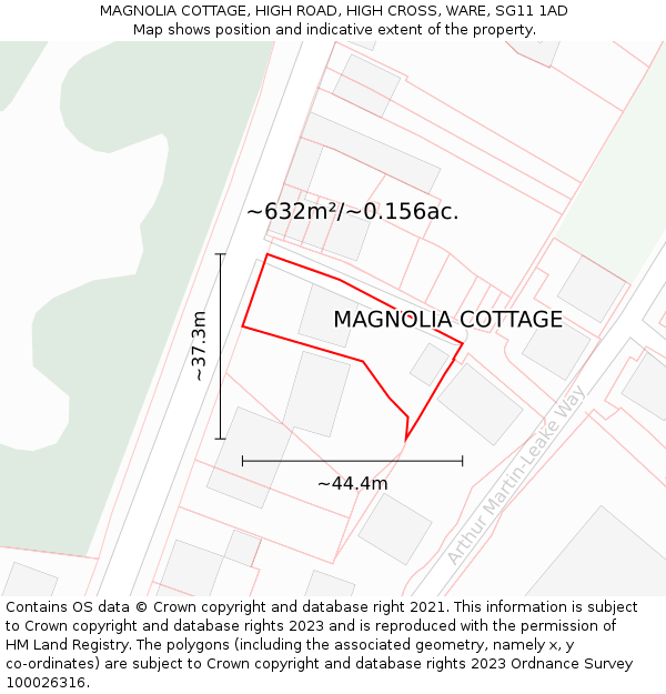 MAGNOLIA COTTAGE, HIGH ROAD, HIGH CROSS, WARE, SG11 1AD: Plot and title map