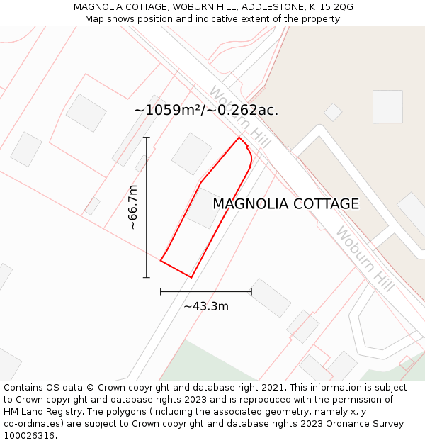 MAGNOLIA COTTAGE, WOBURN HILL, ADDLESTONE, KT15 2QG: Plot and title map