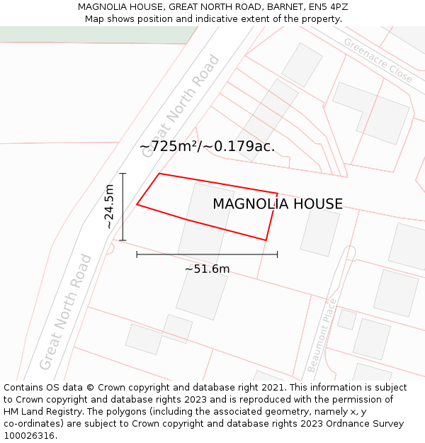 MAGNOLIA HOUSE, GREAT NORTH ROAD, BARNET, EN5 4PZ: Plot and title map