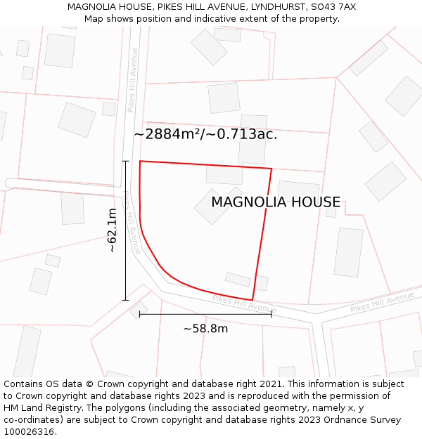 MAGNOLIA HOUSE, PIKES HILL AVENUE, LYNDHURST, SO43 7AX: Plot and title map