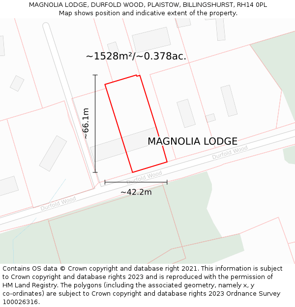 MAGNOLIA LODGE, DURFOLD WOOD, PLAISTOW, BILLINGSHURST, RH14 0PL: Plot and title map