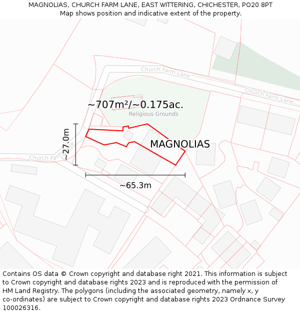 MAGNOLIAS, CHURCH FARM LANE, EAST WITTERING, CHICHESTER, PO20 8PT: Plot and title map