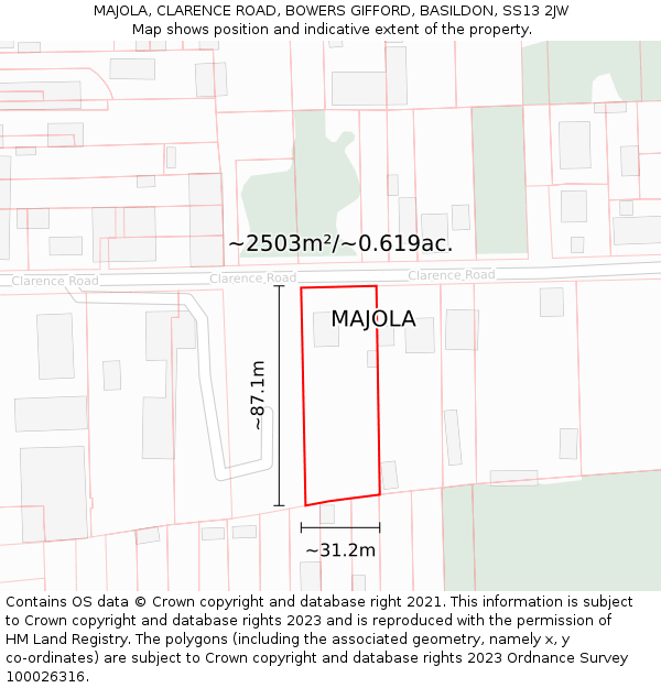 MAJOLA, CLARENCE ROAD, BOWERS GIFFORD, BASILDON, SS13 2JW: Plot and title map