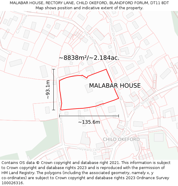 MALABAR HOUSE, RECTORY LANE, CHILD OKEFORD, BLANDFORD FORUM, DT11 8DT: Plot and title map