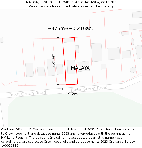 MALAYA, RUSH GREEN ROAD, CLACTON-ON-SEA, CO16 7BG: Plot and title map