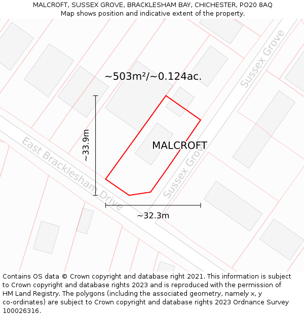 MALCROFT, SUSSEX GROVE, BRACKLESHAM BAY, CHICHESTER, PO20 8AQ: Plot and title map