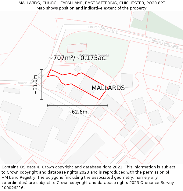 MALLARDS, CHURCH FARM LANE, EAST WITTERING, CHICHESTER, PO20 8PT: Plot and title map