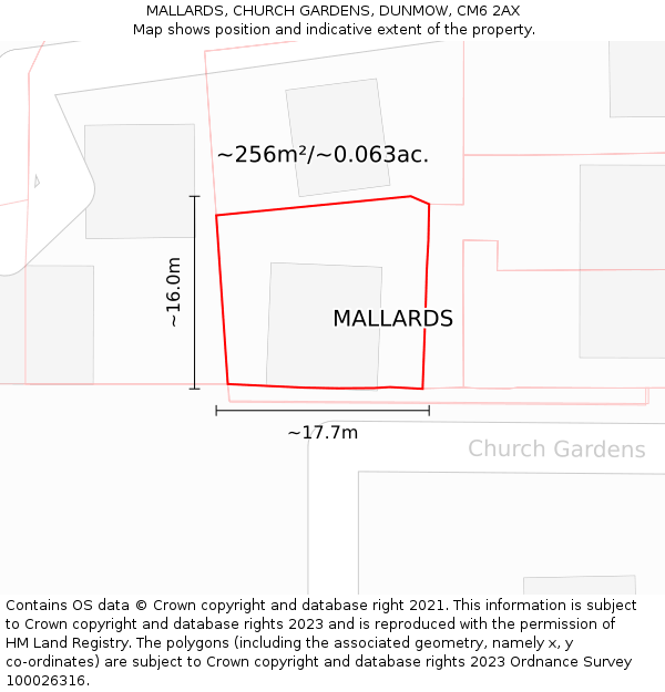 MALLARDS, CHURCH GARDENS, DUNMOW, CM6 2AX: Plot and title map