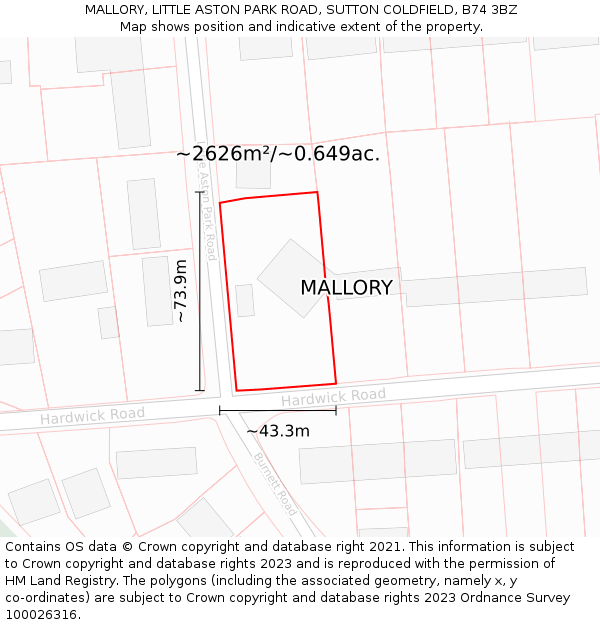 MALLORY, LITTLE ASTON PARK ROAD, SUTTON COLDFIELD, B74 3BZ: Plot and title map