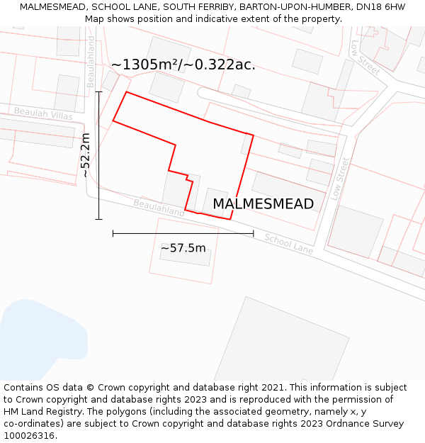 MALMESMEAD, SCHOOL LANE, SOUTH FERRIBY, BARTON-UPON-HUMBER, DN18 6HW: Plot and title map