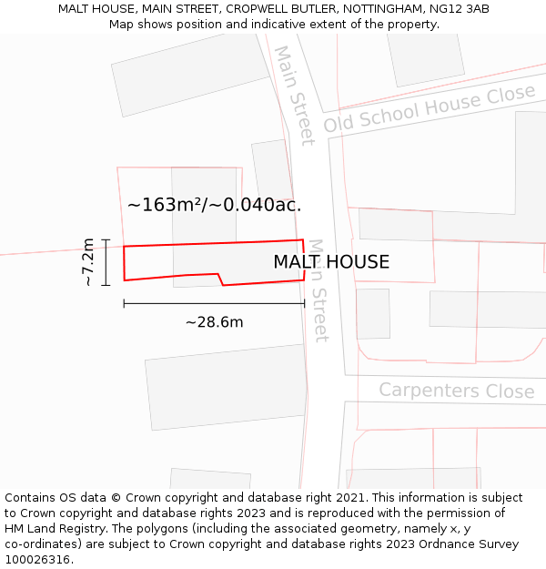 MALT HOUSE, MAIN STREET, CROPWELL BUTLER, NOTTINGHAM, NG12 3AB: Plot and title map